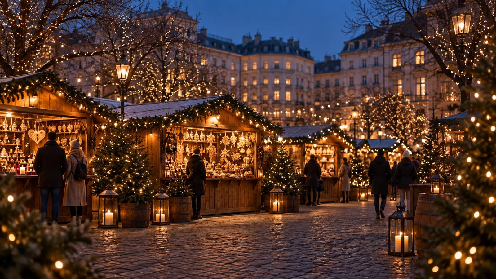 Generated scene: Warmly lit Advent stalls among winter city trees.