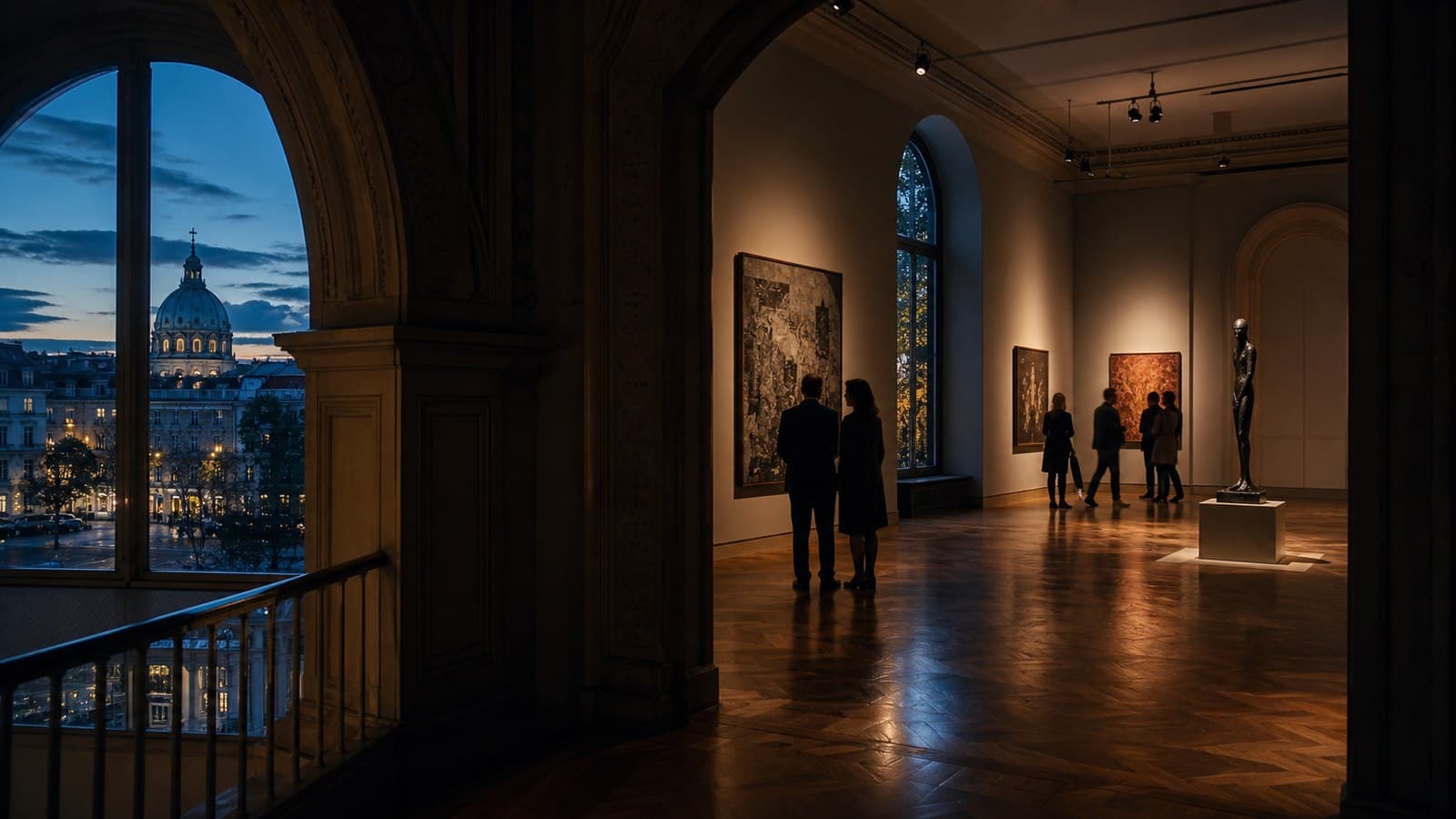 Besucherinnen und Besucher in einer zeitgenössischen Wiener Galerie