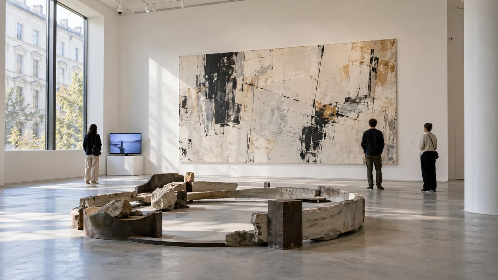 Bright exhibition space with an installation and large-scale works