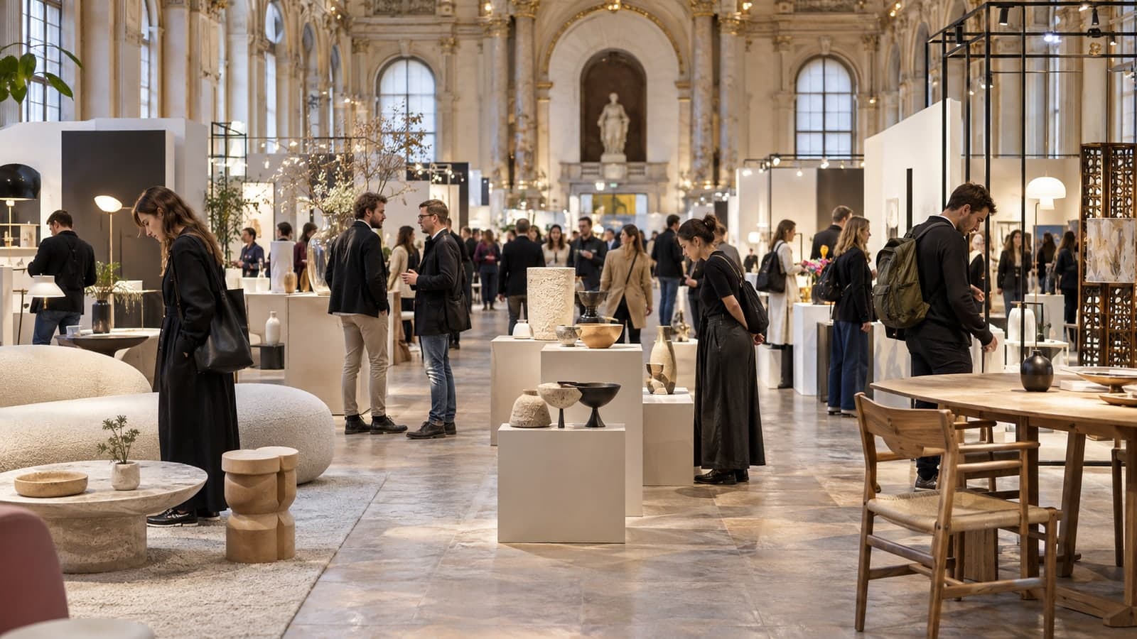 Besucherinnen und Besucher an Designständen