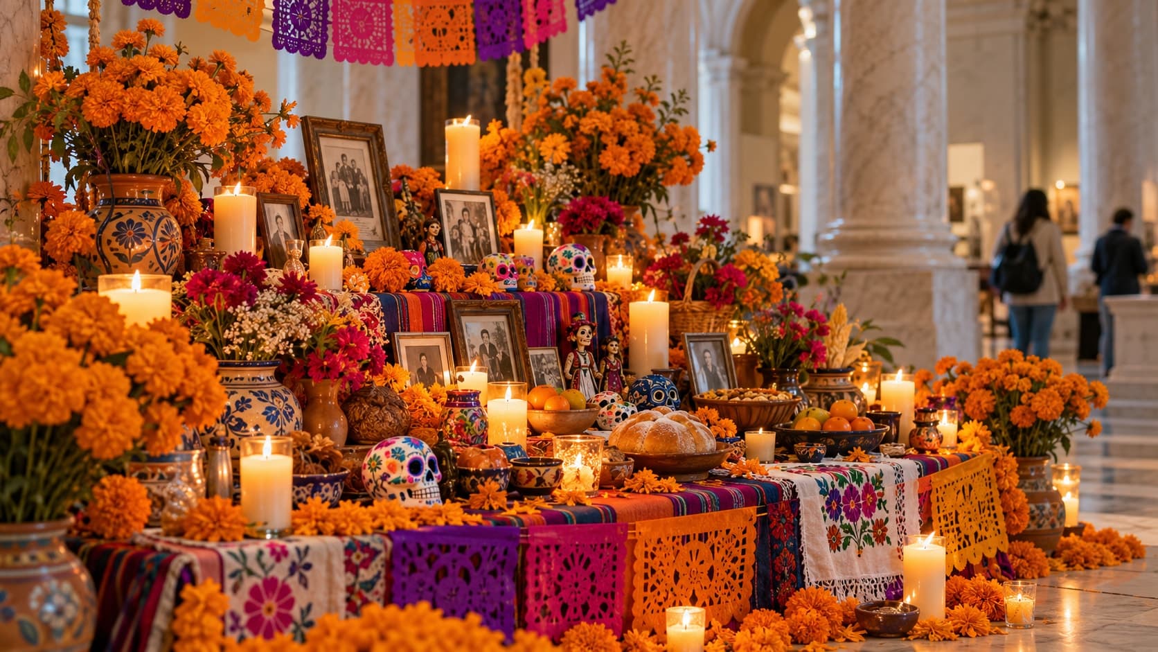 AI illustration of an ofrenda with orange flowers, candles and colourful skulls in a museum hall