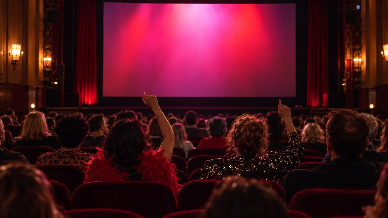 KI-Illustration: Kostümierte Erwachsene machen bei einem Kino-Sing-Along mit; keine Aufnahme des tatsächlichen Events.