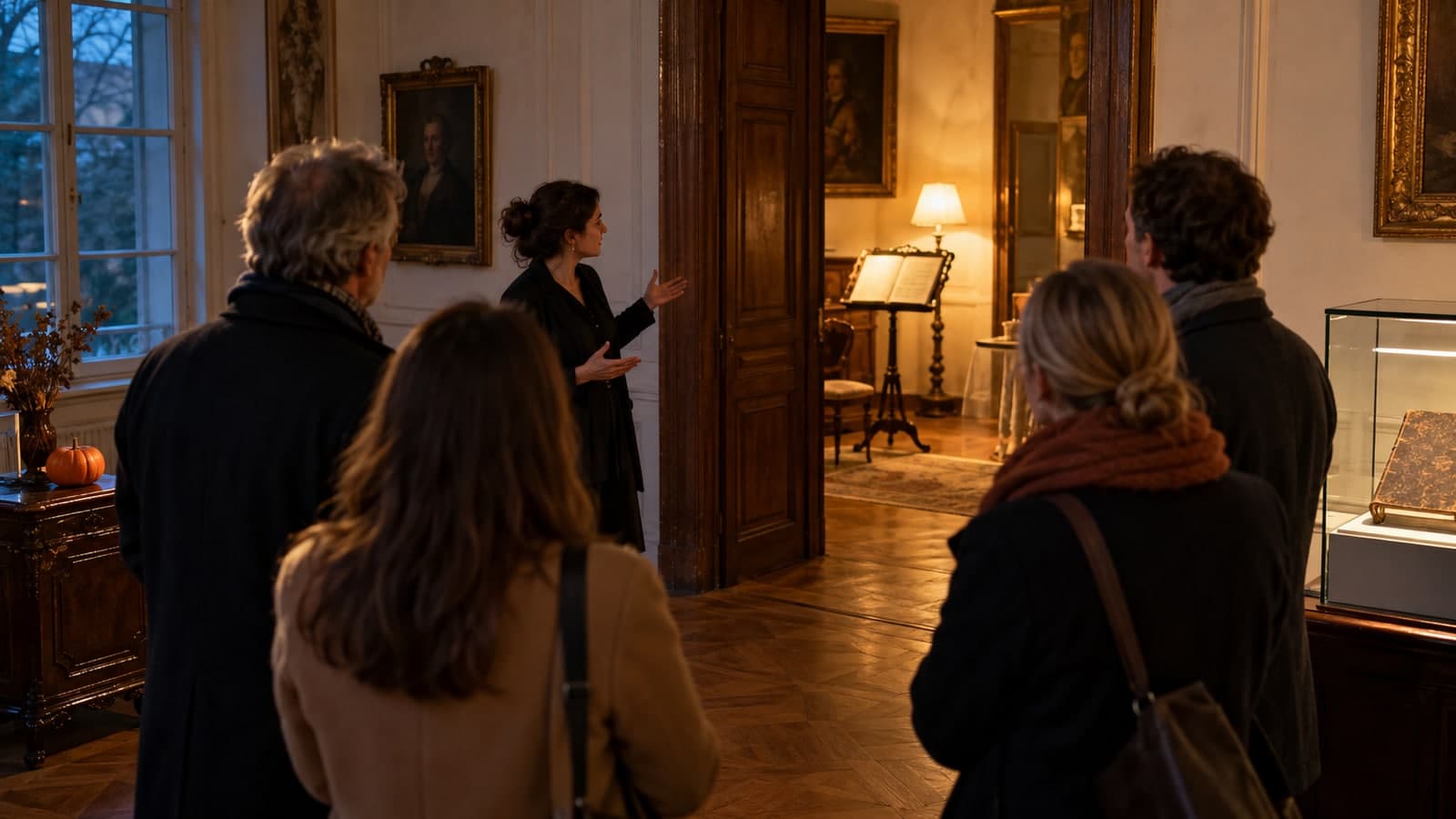 AI illustration: A group listening to a guide in a historical museum room; not a photograph of the actual event.