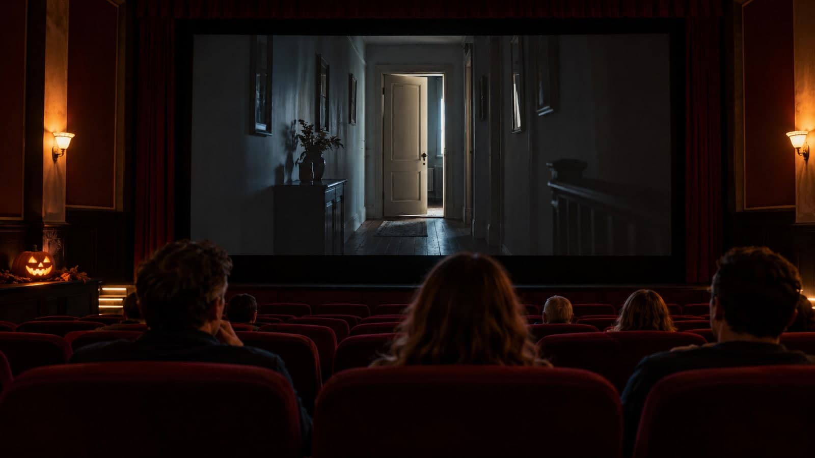 KI-Illustration: Erwachsenes Publikum sieht eine düstere erfundene Filmszene auf einer Kinoleinwand; keine Aufnahme des tatsächlichen Events.