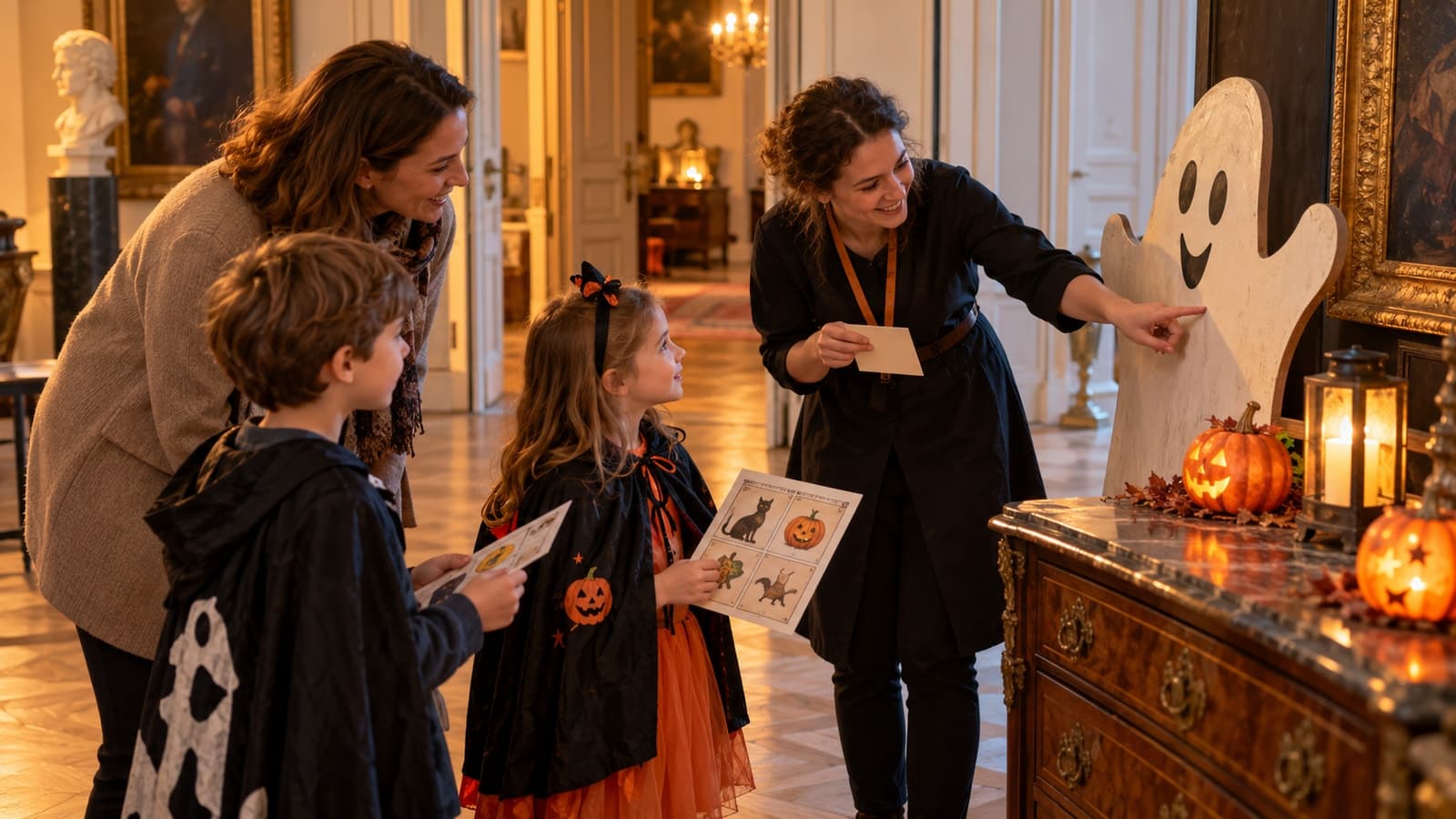 Kinder lösen mit einer Begleitperson und einer Vermittlerin Halloween-Rätsel in einem historischen Museumsraum
