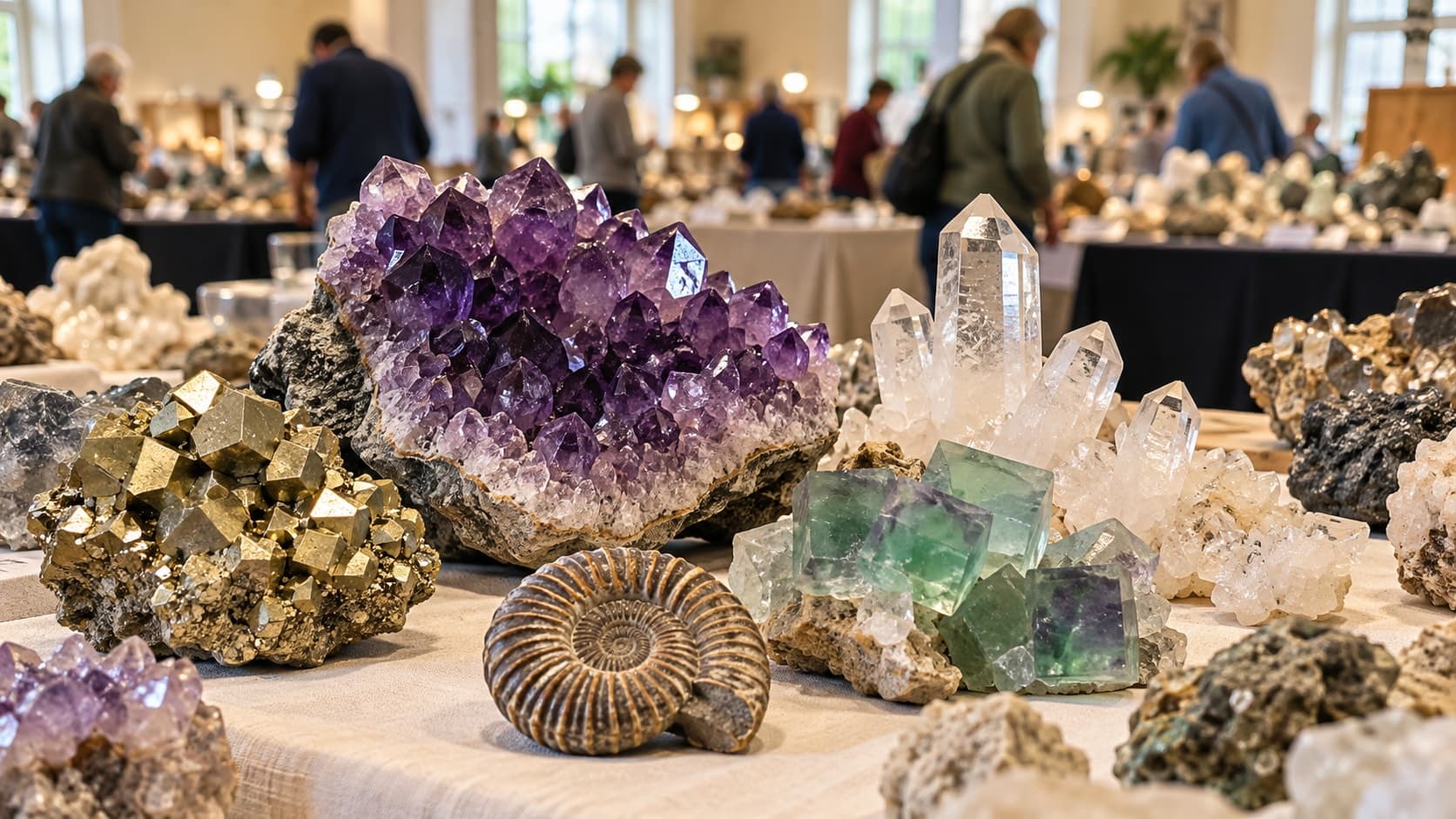 AI-generated illustrative motif: amethyst, quartz, fluorite, pyrite and an ammonite on a mineral fair display table