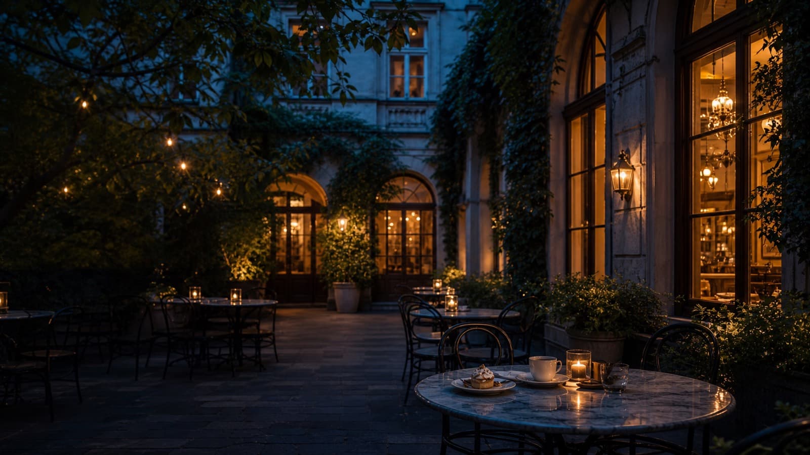 Quiet Viennese courtyard cafe in the evening