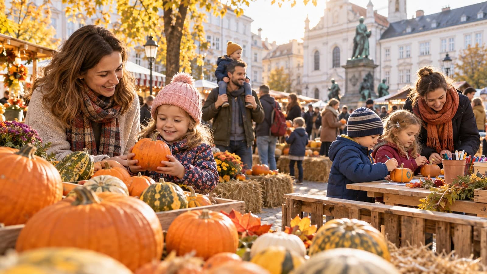 Families at an autumn pumpkin festival