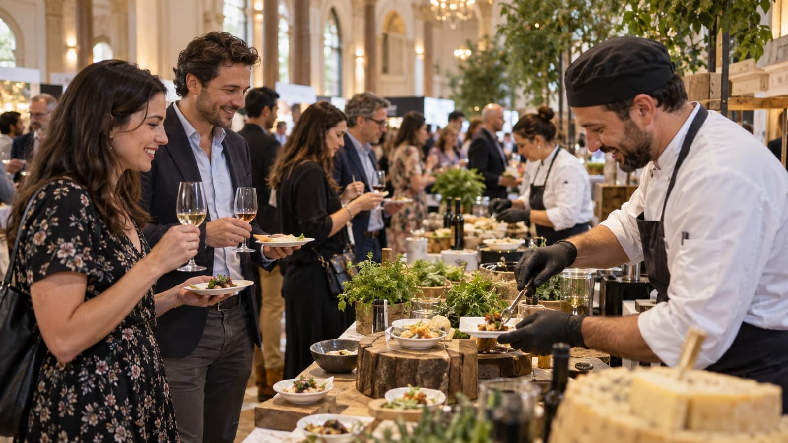 People tasting specialties at fair stalls