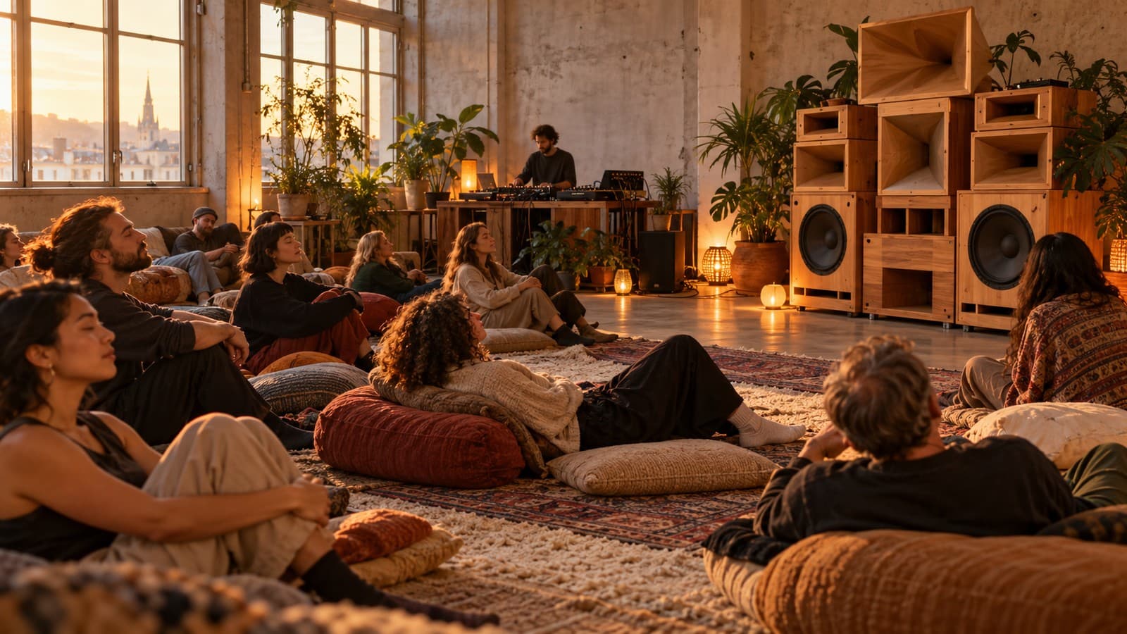 People listening attentively on floor cushions in front of wooden speakers