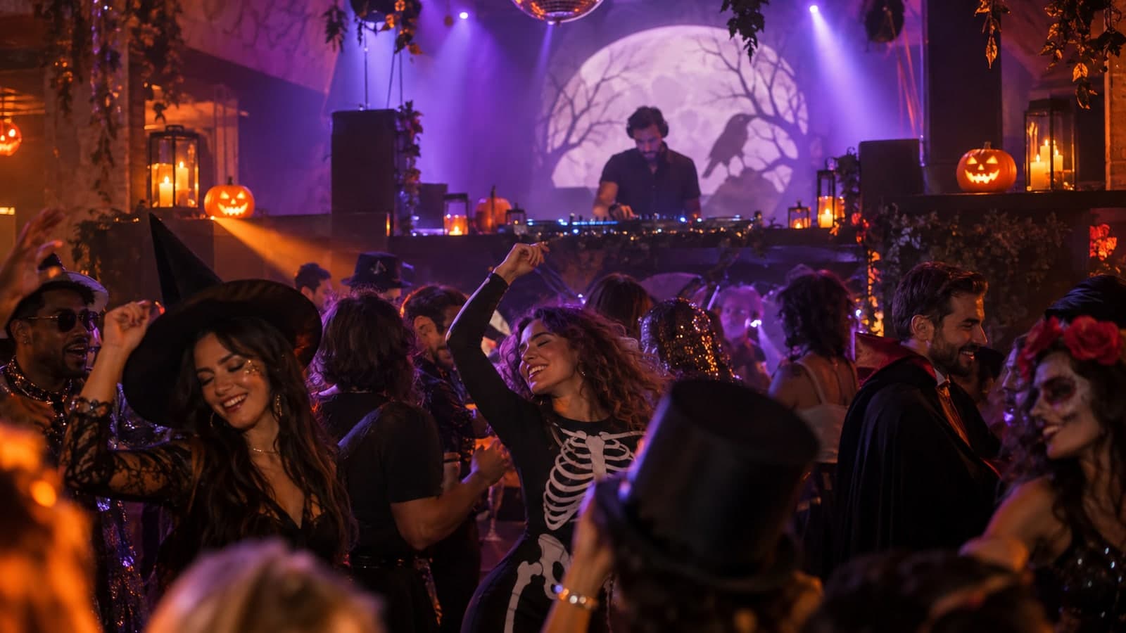 Costumed guests dancing in a club