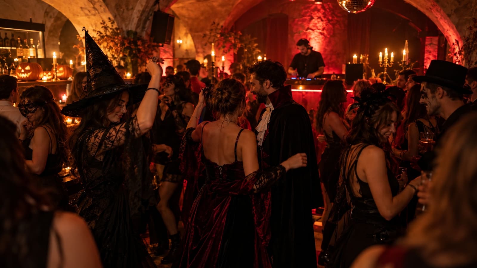 Adults in Halloween costumes dancing in a small club with red lights and pumpkin lanterns