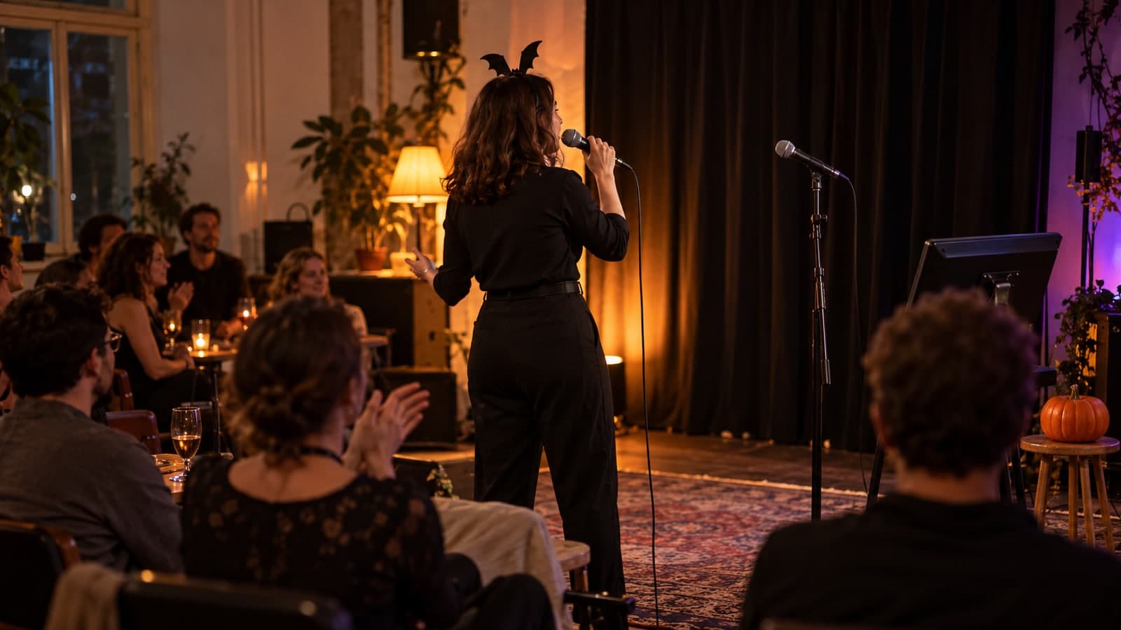 AI illustration: A participant singing into a microphone before an audience at Halloween karaoke; not a photograph of the actual event.
