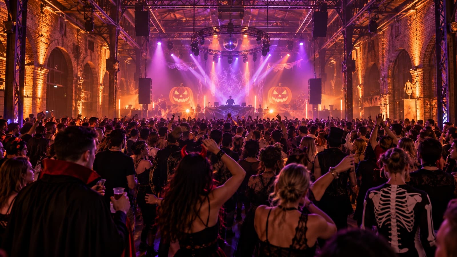 Adults in costumes before a DJ stage with purple and orange lights in a brick event hall