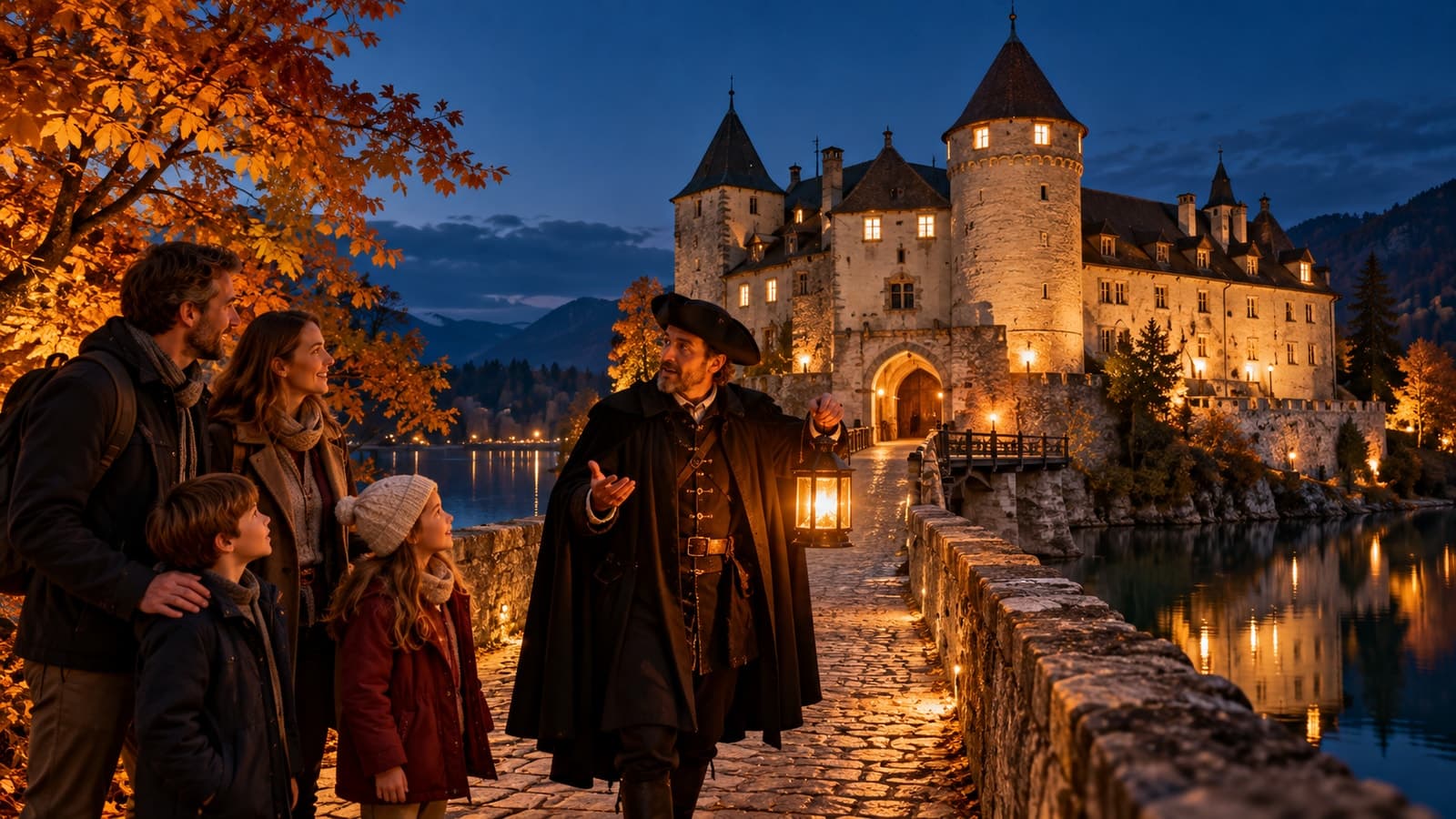 Familien folgen einem Guide mit Laterne über eine Brücke zu einer beleuchteten Burg