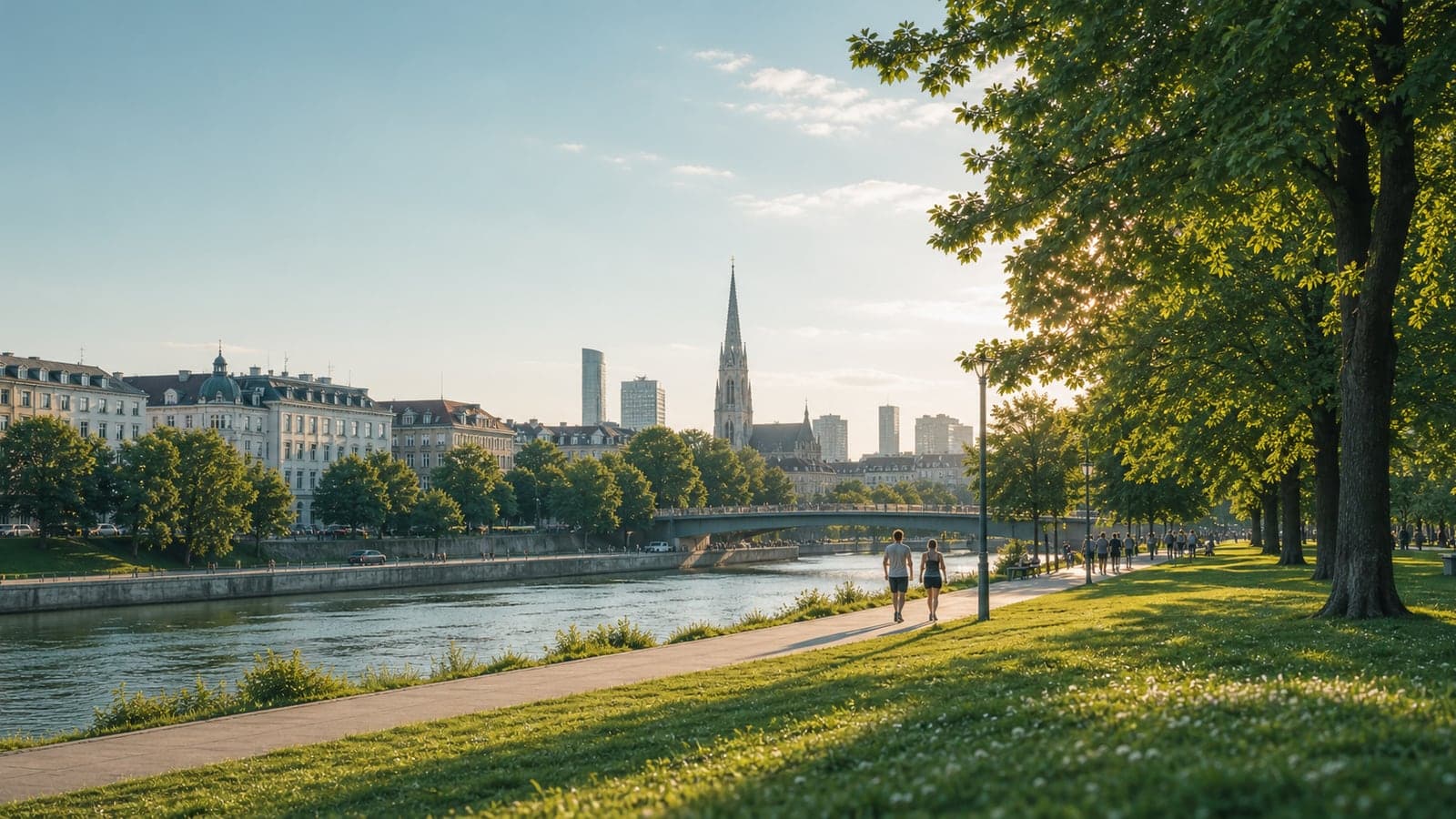 Green riverside walking path in Vienna