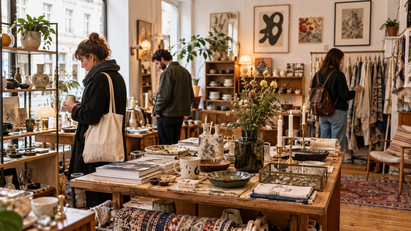 Illustrative scene: visitors browse a small design and vintage shop