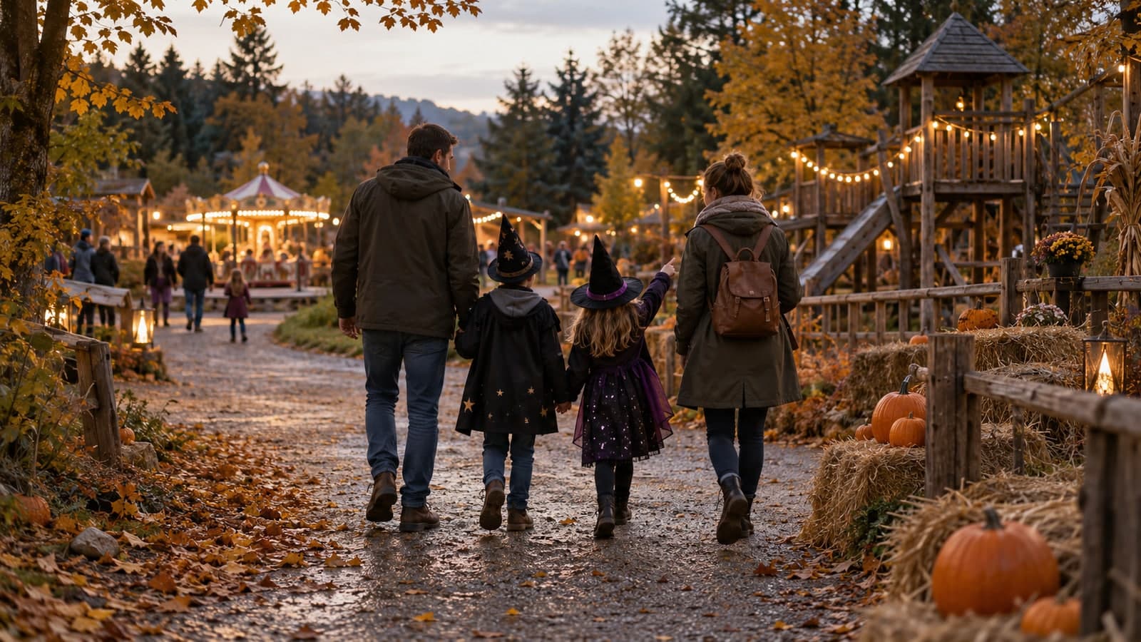 KI-Illustration: Familie mit kostümierten Kindern besucht einen herbstlichen Freizeitpark; keine Aufnahme des tatsächlichen Events.