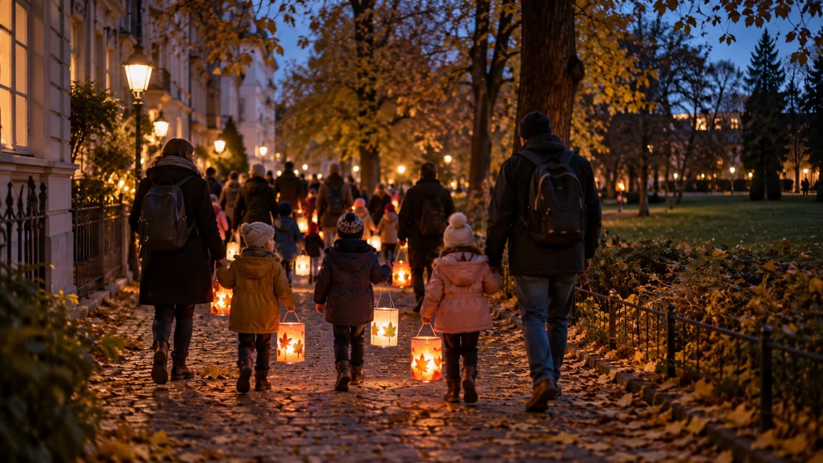 Kinder mit leuchtenden Laternen bei einem Umzug in der Dämmerung
