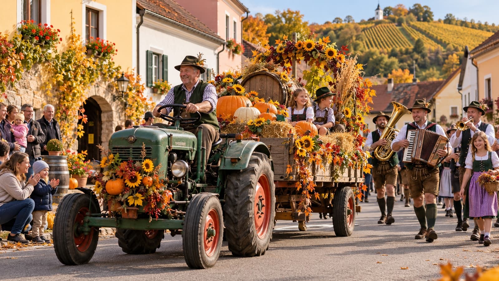 A tractor wagon decorated with pumpkins, musicians and families on a village street