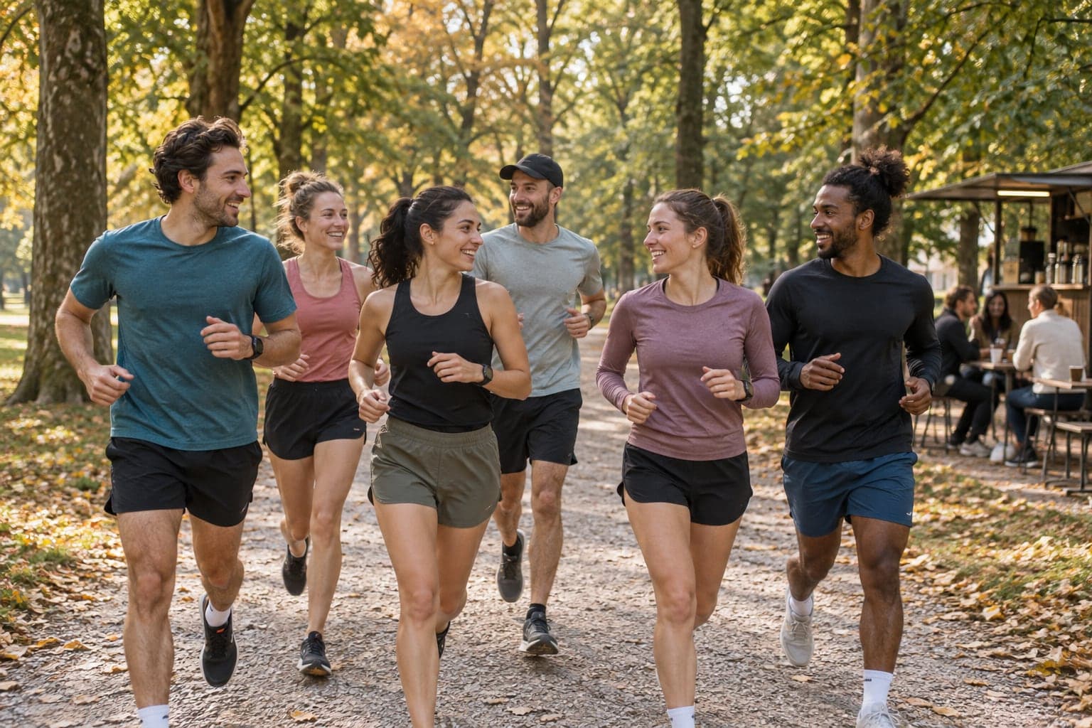 Illustrative image of a small running group on a park path