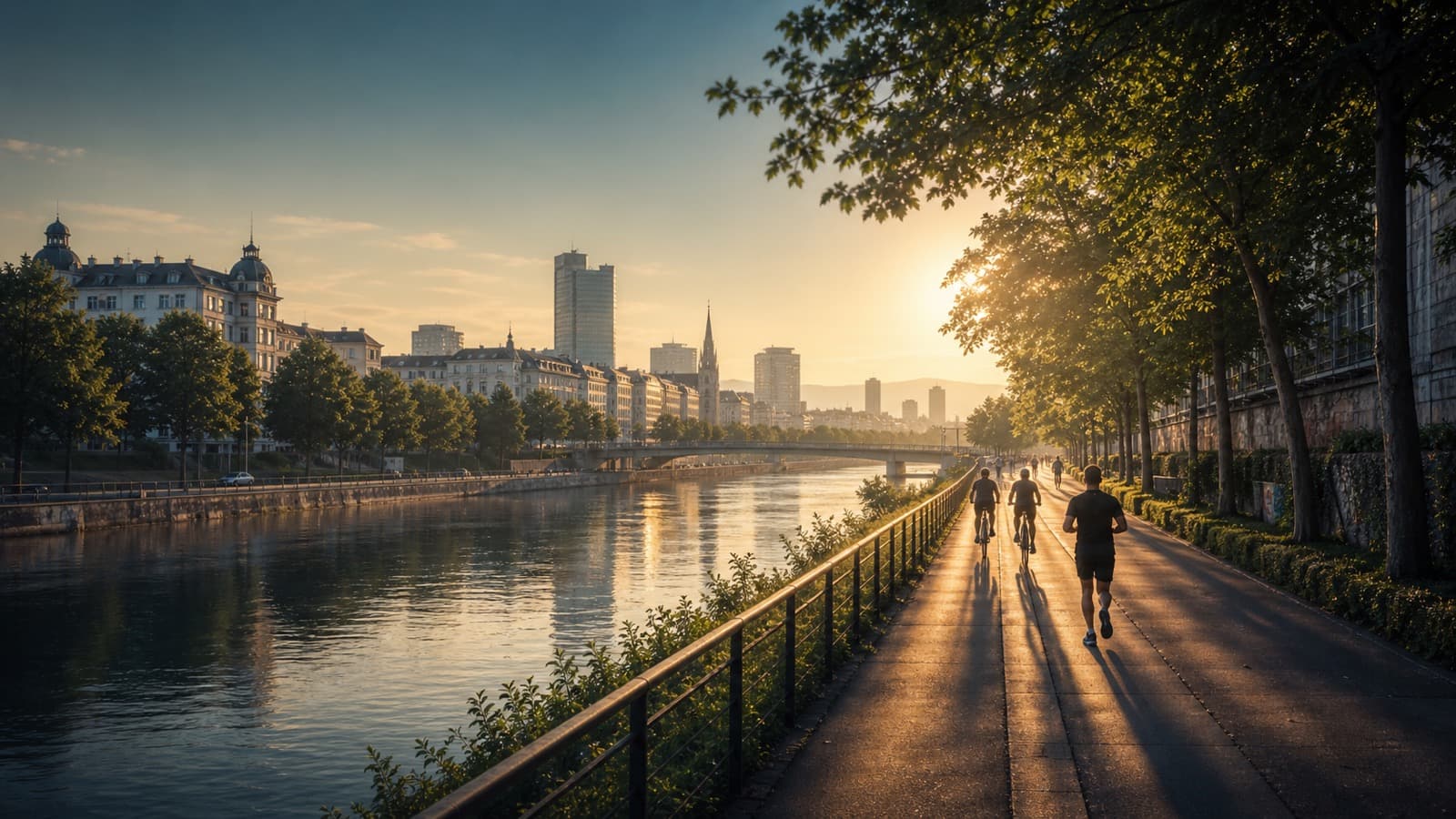 Sportlerinnen und Sportler auf einem Wiener Uferweg