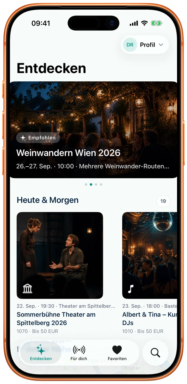 Die Startseite der Wien Event Radar App mit Empfehlungen und den Events von heute